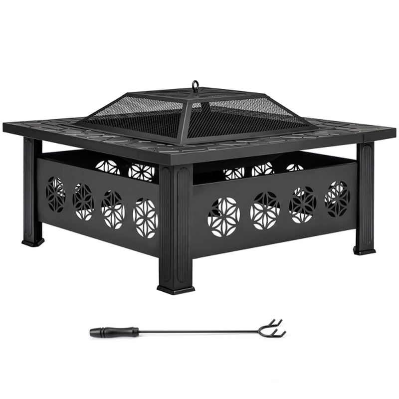 32 in Square Wood Burning Fire Pit Table with Spark Screen