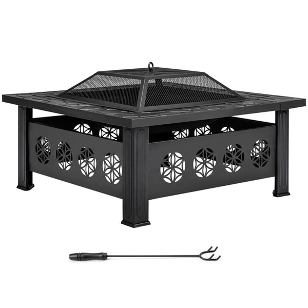 32 Inch Square Outdoor Wood Burning Fire Pit Table, Heavy Duty Wrought Iron Firepit with Pyramid Screen Lid & Fire Poker, Decorative Floral Cutout Patio Fire Pit for Garden, Lawn and Camping, Black