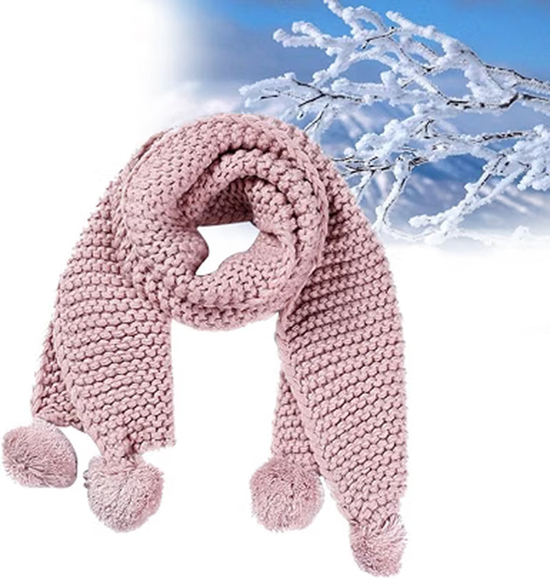Knitted Pom Pom Scarf, Thick Fuzzy Winter Neck Scarf in Pink – image 3