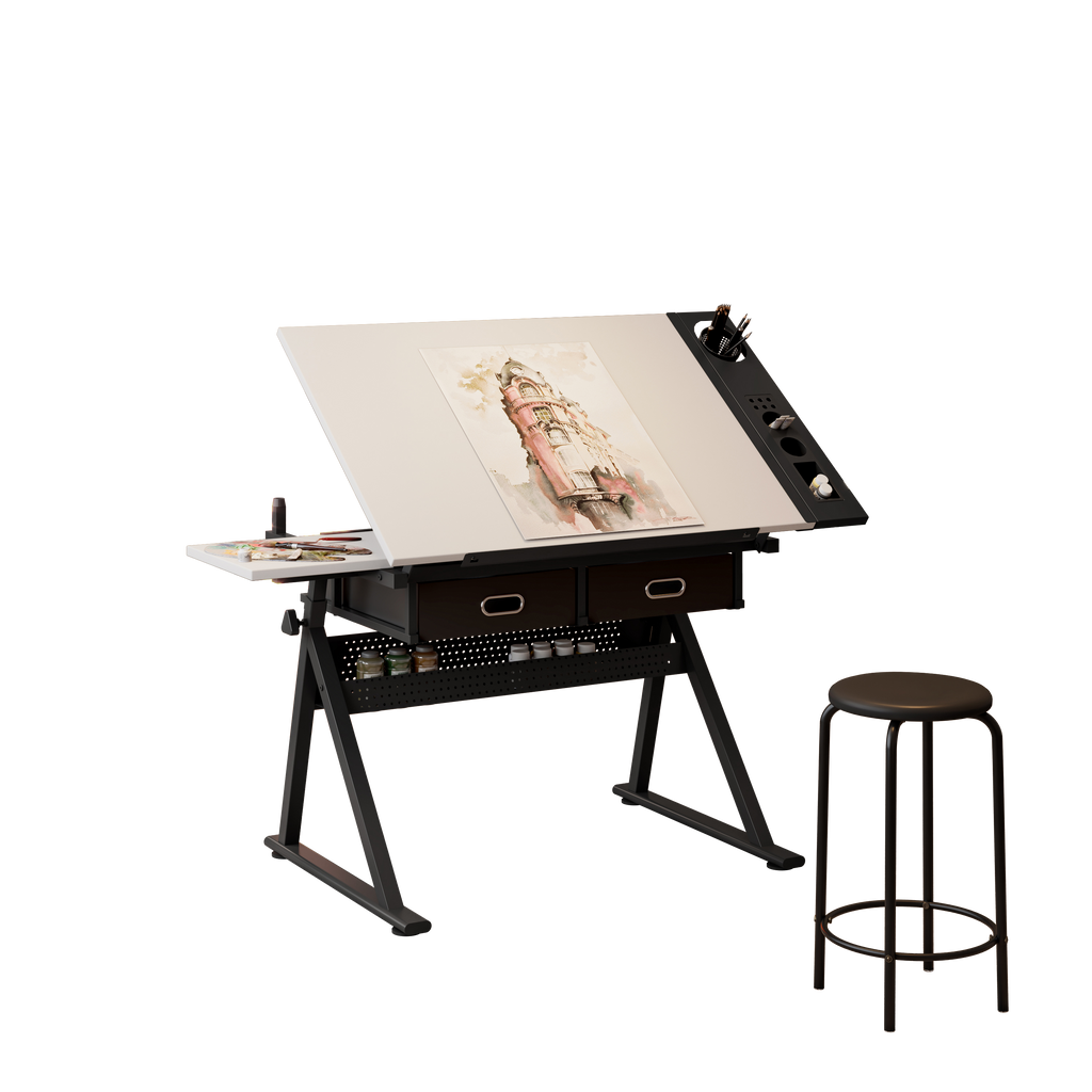 Tilting Drafting Table Desk with 2 Drawers and Stool, White – image 5