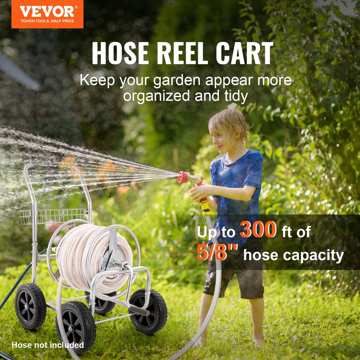 Hose Reel Cart with Storage Basket Holds 300 Ft Garden Hose
