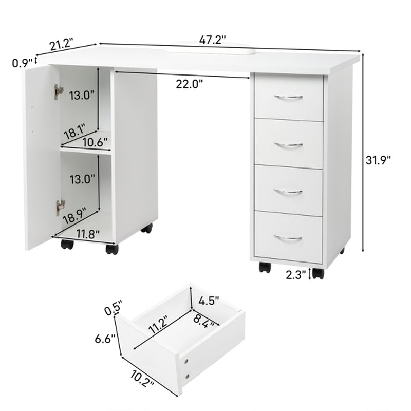 White Nail Art Table with Cabinet Door and 4 Drawers – image 5