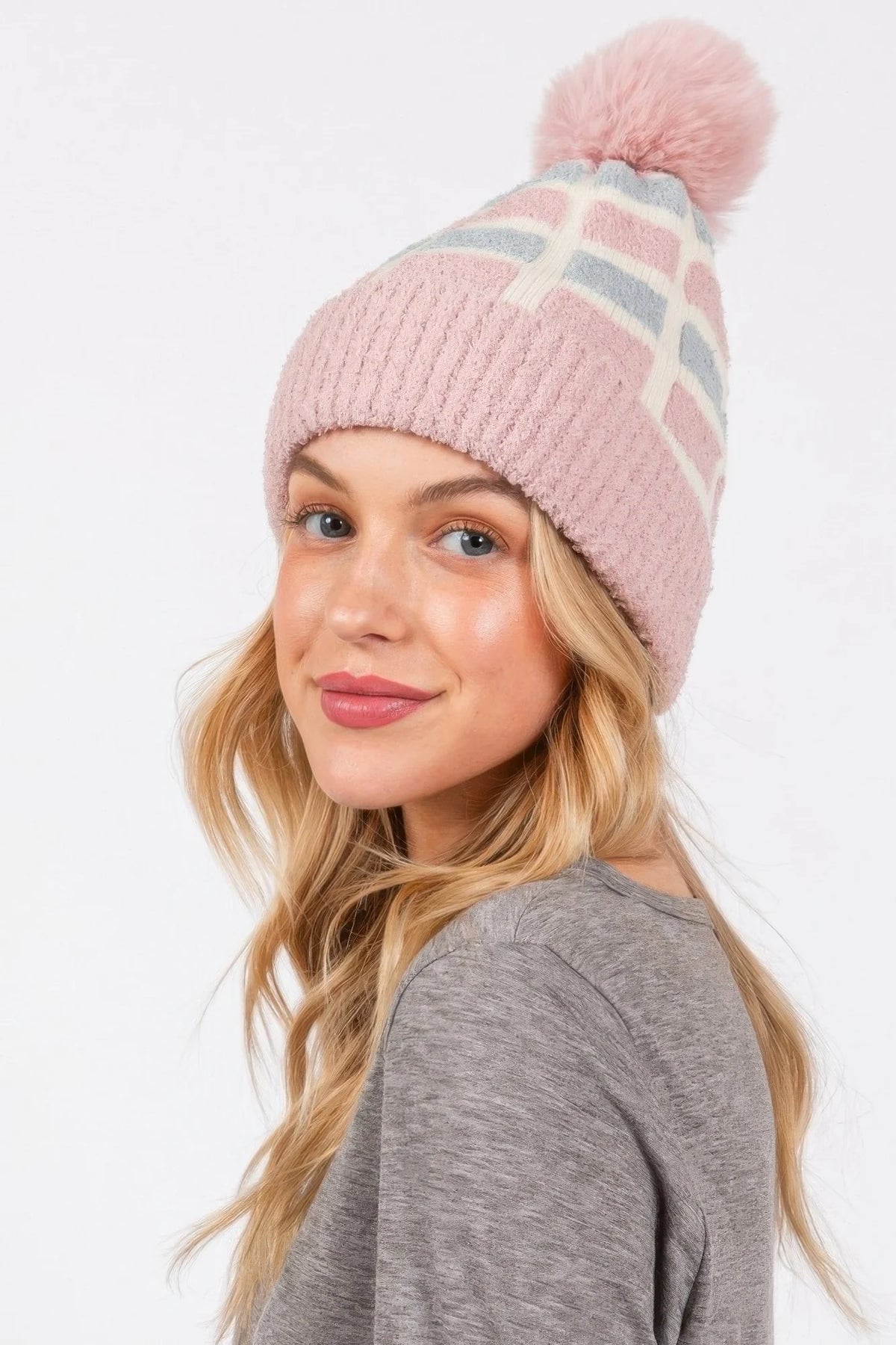 Color Block Pom Pom Beanie, Soft Stretch Knit Winter Hat – image 7