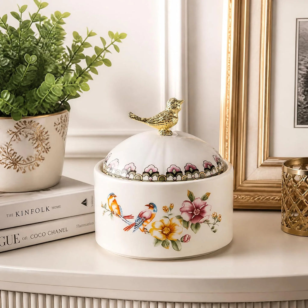 Sugar Bowl with Lid, Ceramic Floral Bird Canister, 0.5 L – image 5