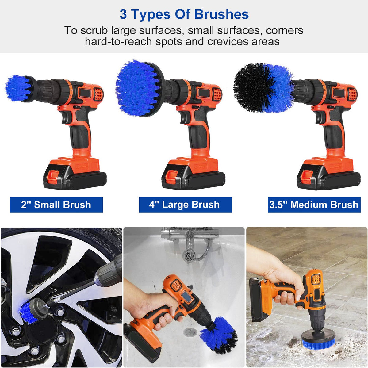 Drill Brush Attachment Set – 3 Pc Power Scrubber Cleaning Brushes