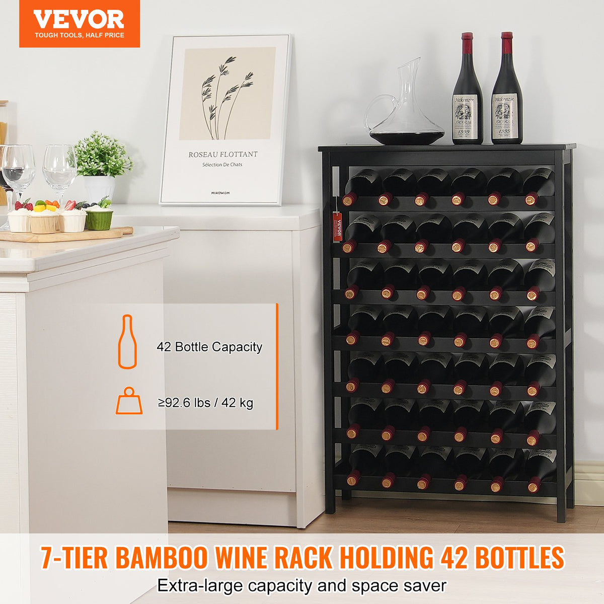 Bamboo Wine Rack, 42-Bottle 7-Tier Freestanding Display Shelf – image 3