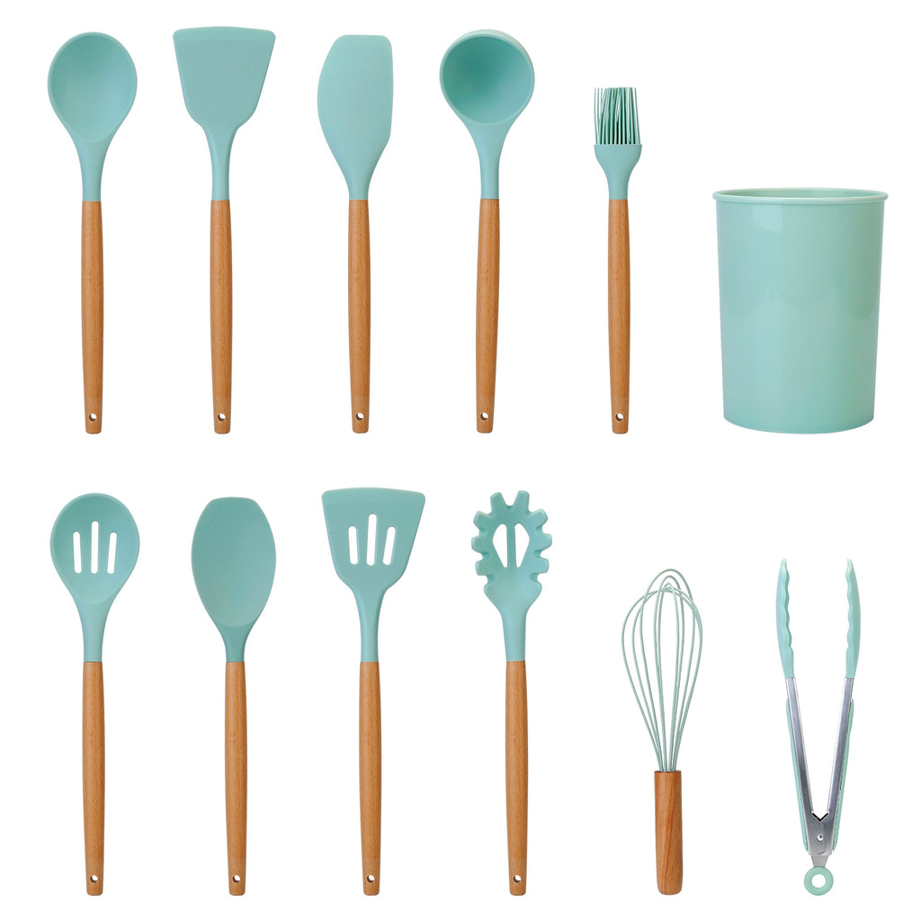 11-Piece Silicone Cooking Utensil Set with Wood Handles and Holder – image 3