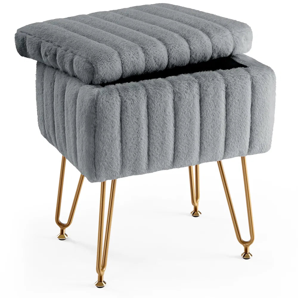 Faux Fur Vanity Stool with Hidden Storage and Gold Metal Legs – image 1