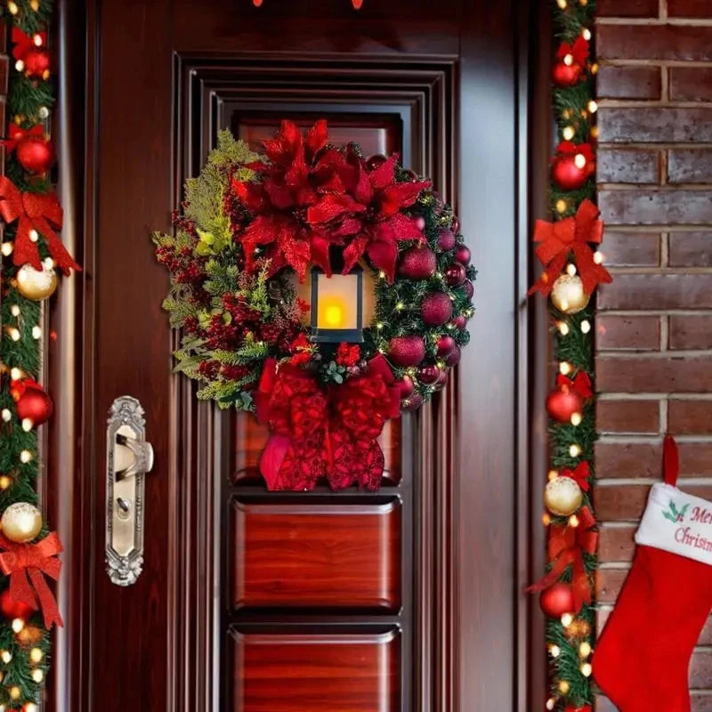 Christmas Lantern Wreath with Large Bow, 12 Inch Front Door Decor