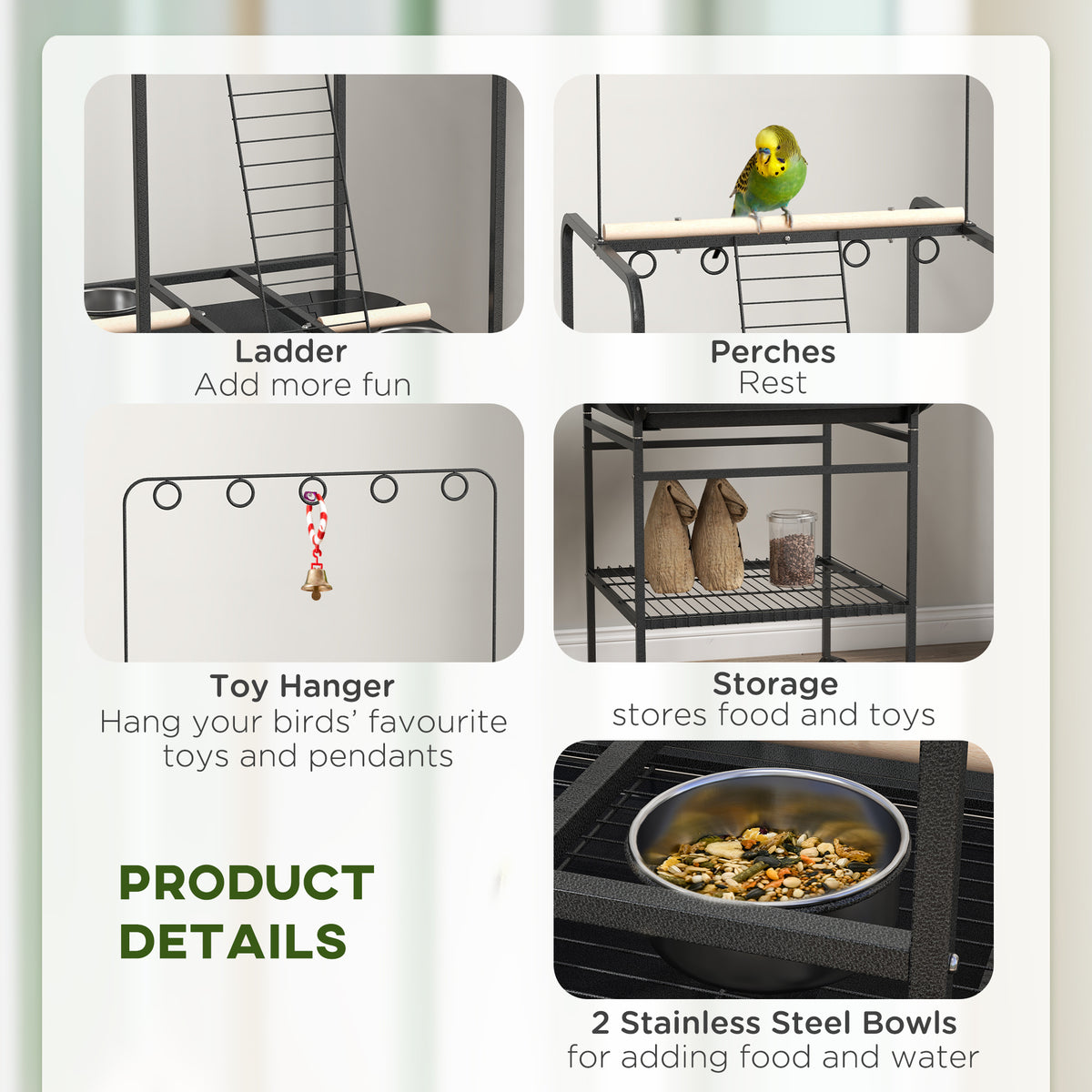 Rolling Bird Play Stand with Ladder, Stainless Bowls and Pull-Out Tray – image 7