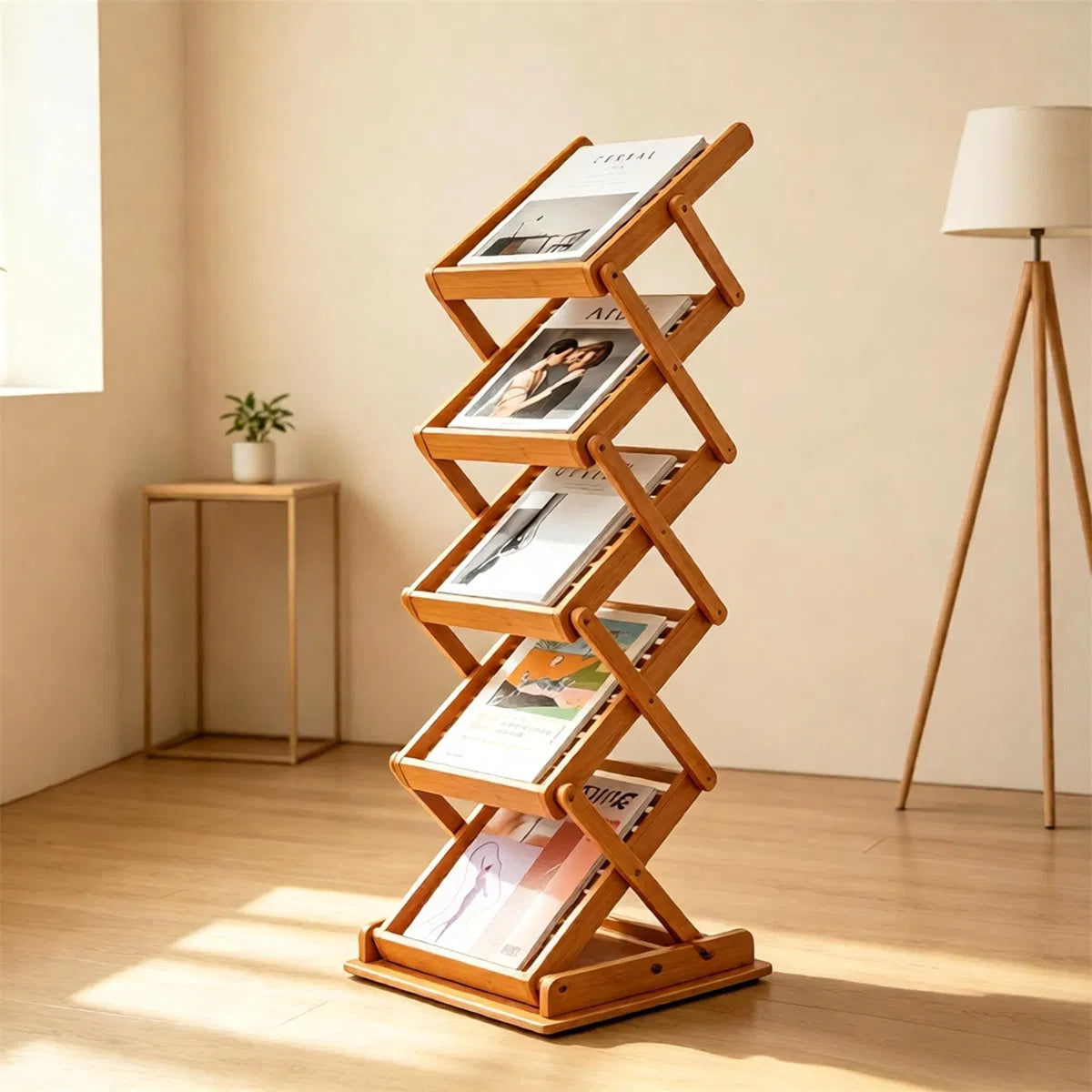 Foldable Bamboo Magazine Rack, 5-Pocket Brochure Display Stand, Walnut – image 6