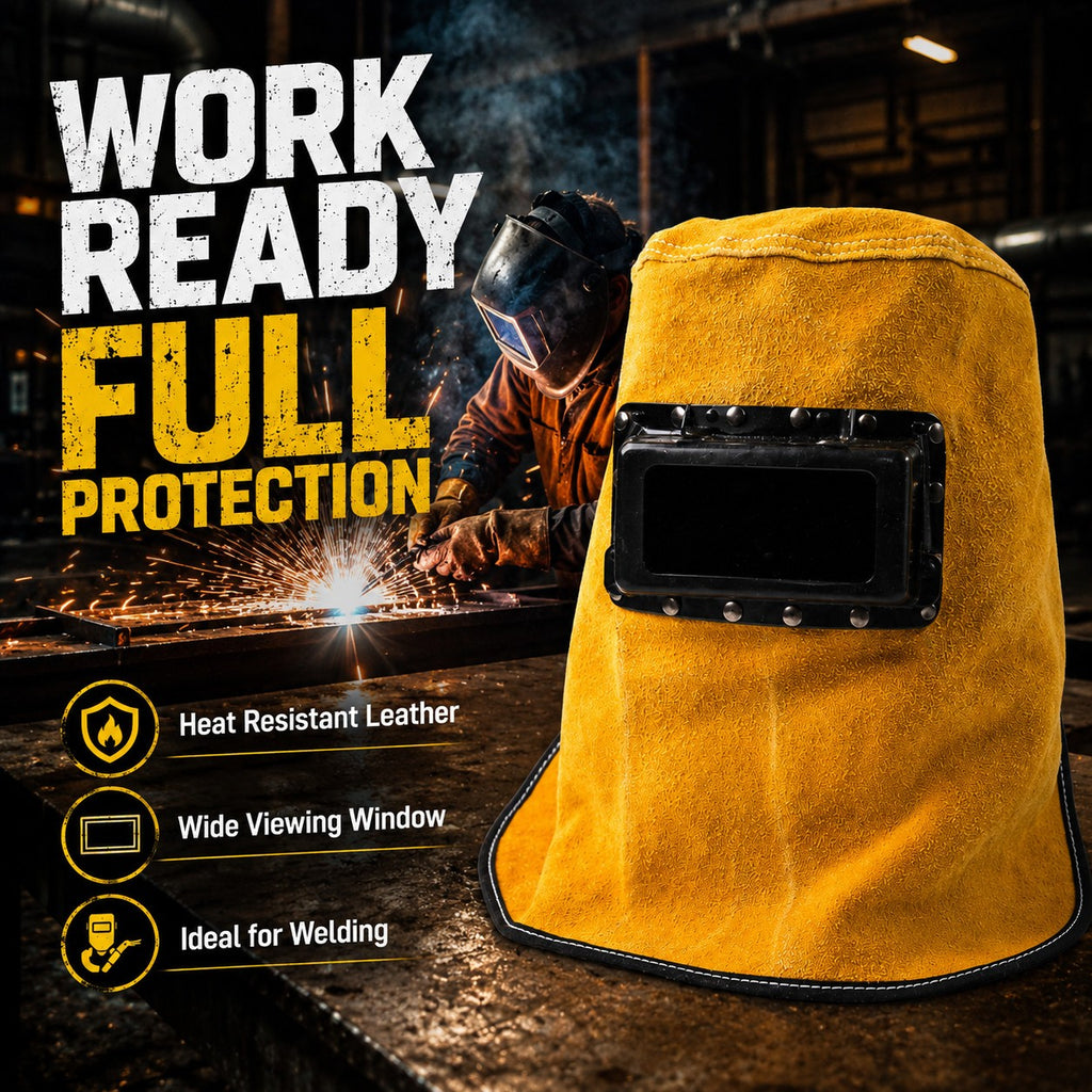 Leather Welding Hood with Lens, Sweat-Absorbent Welder Cap