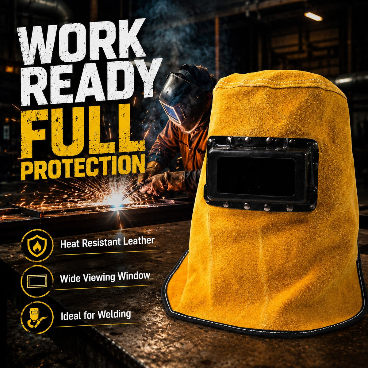 Leather Welding Hood with Lens, Sweat-Absorbent Welder Cap