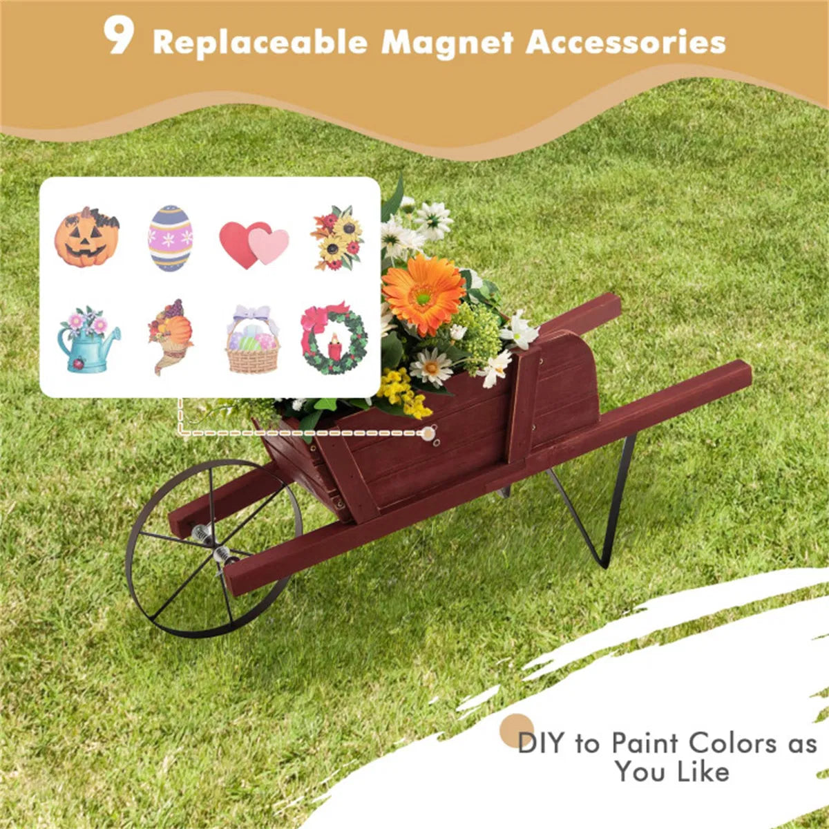 Wooden Wheelbarrow Planter with 9 Seasonal Magnetic Decorations – image 3