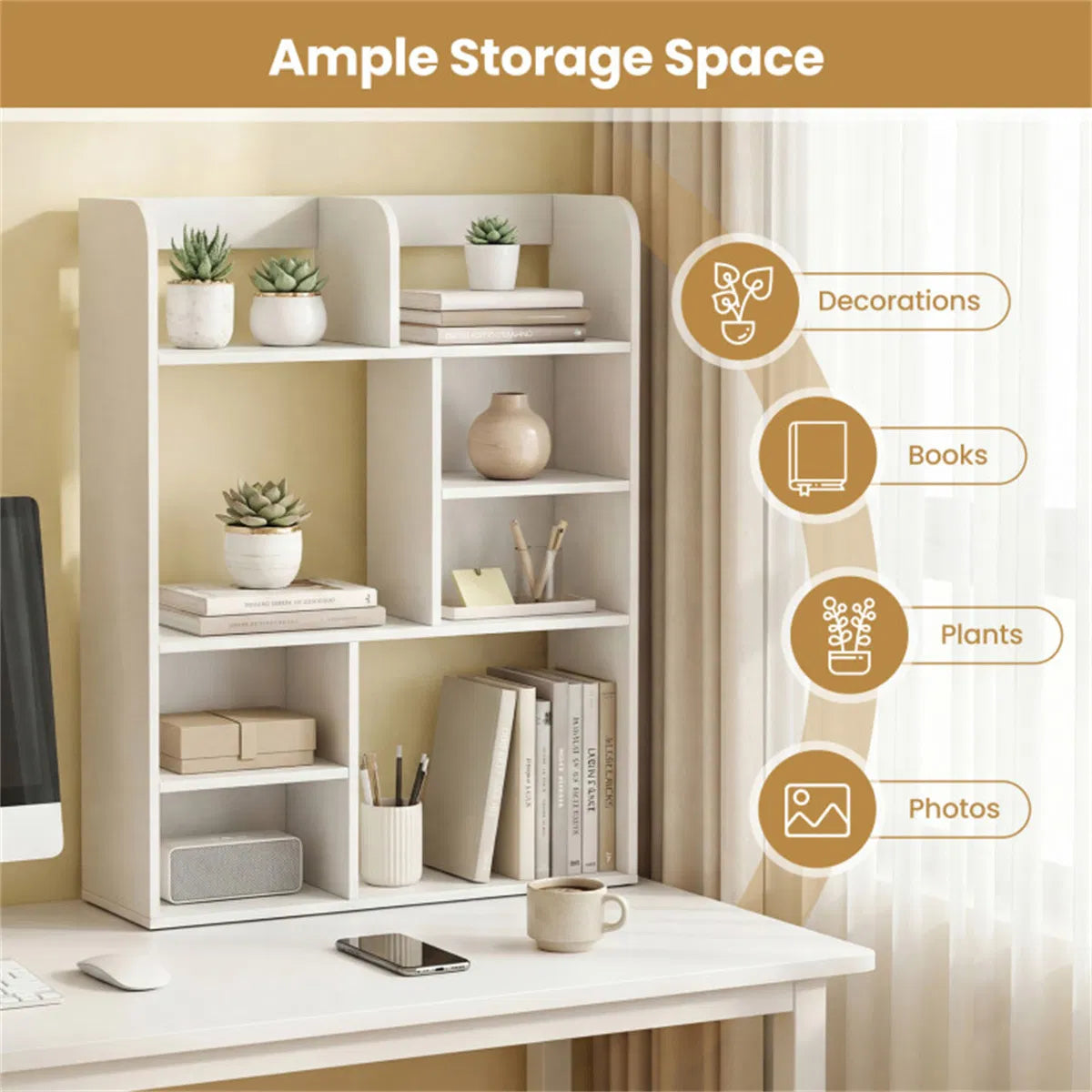 Vertical 8-Cube Desktop Storage Shelf, White Desk Organizer Hutch – image 7