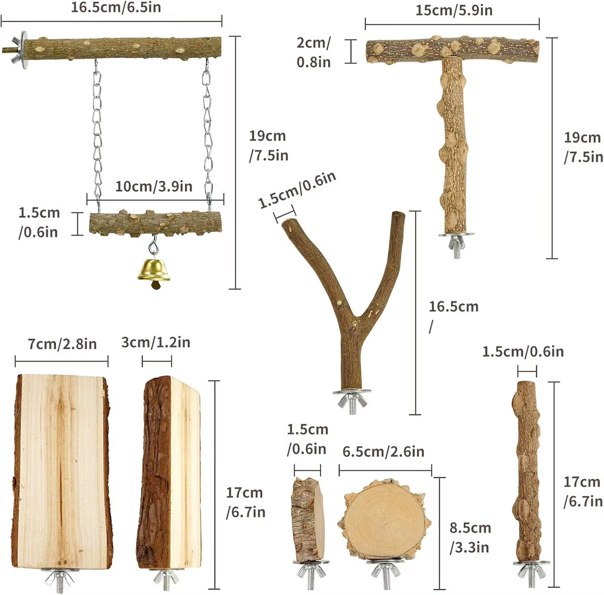 Natural Wood Bird Perch Set, 6-Piece Branch Stands and Platforms for Cages – image 2