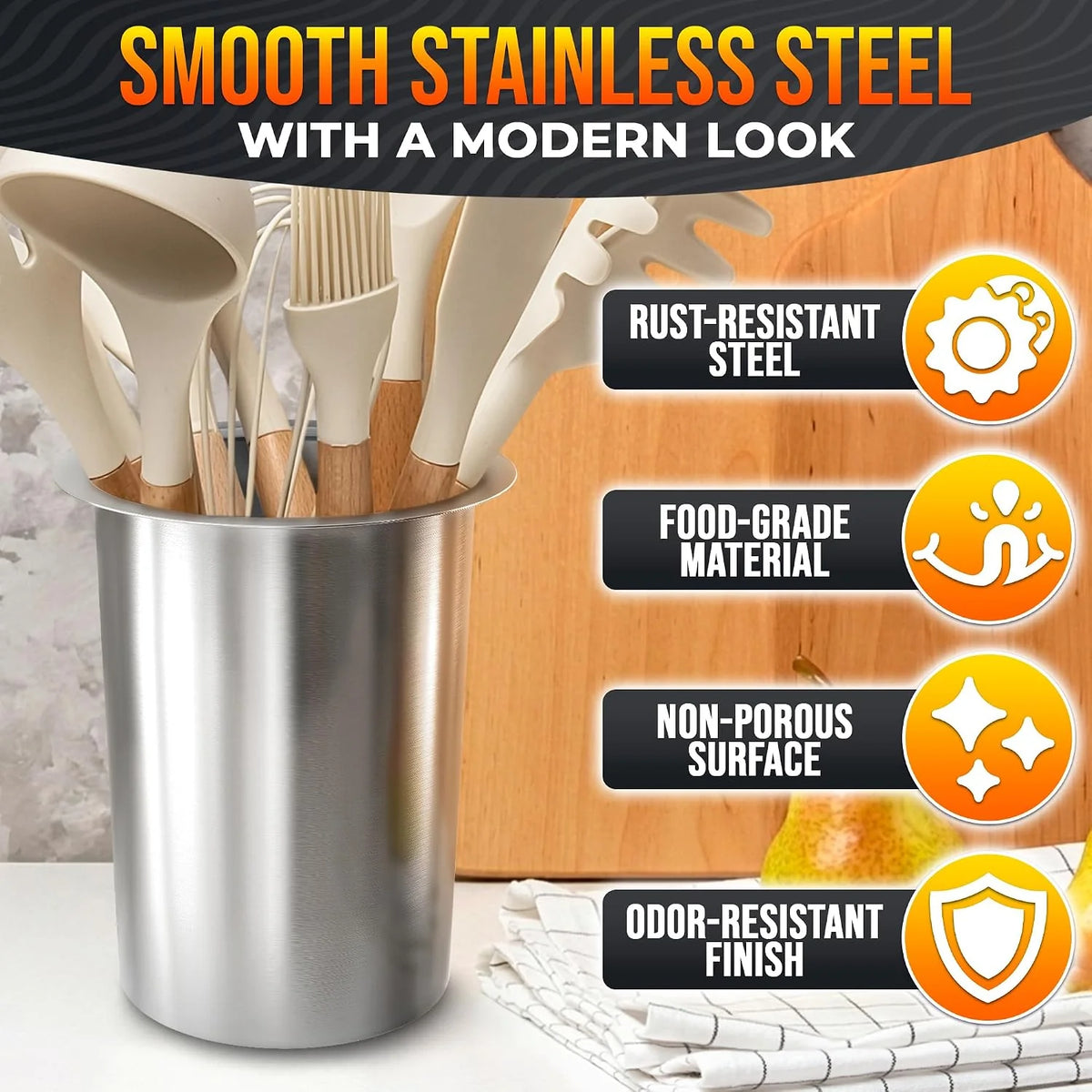 Utensil Holder Set – 3 Piece Stainless Steel Kitchen Canisters – image 8