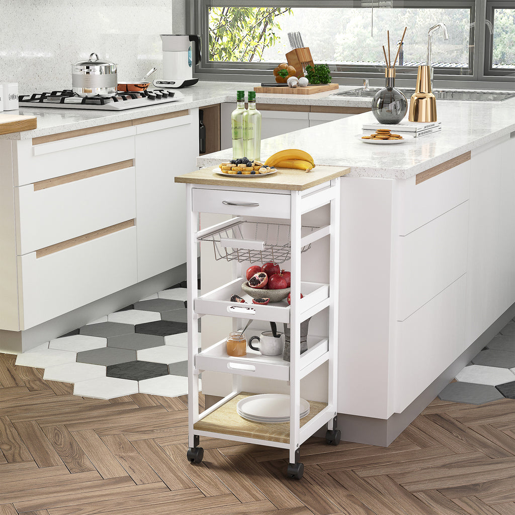 Rolling Kitchen Cart with Drawer, Wire Basket and Trays, White – image 2