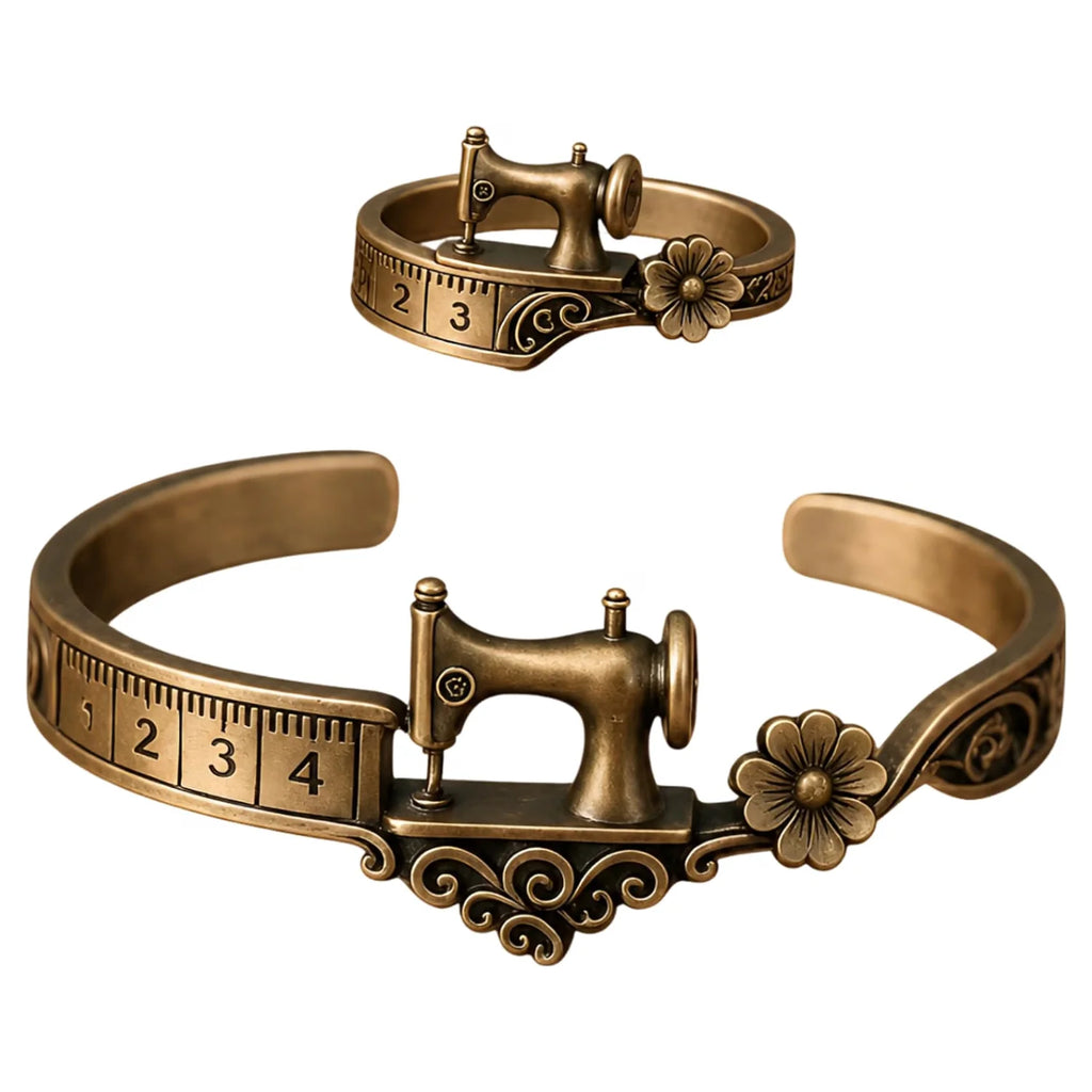 Sewing Machine Bracelet and Ring Set - Retro Gift for Crafters