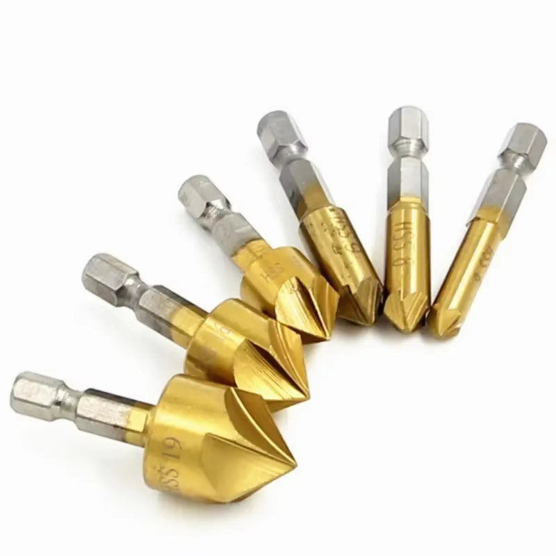 Countersink Drill Bit Set 6-Piece 5-Flute 90 Degree 1/4in Hex Shank