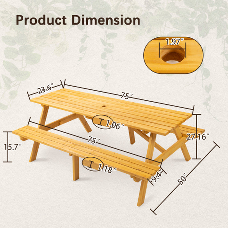 Wooden Picnic Table 75 in with 2 Built-In Benches, Umbrella Hole – image 12
