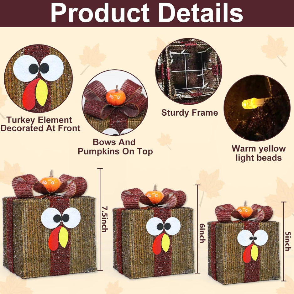 Lighted Thanksgiving Turkey Gift Boxes, Set of 3 with Timer – image 6