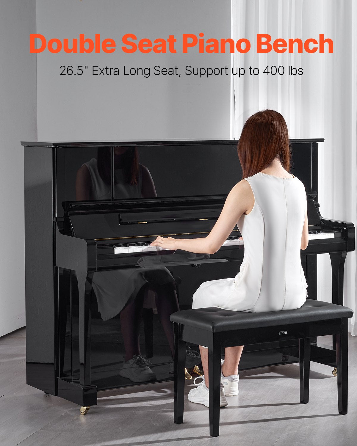 Duet Keyboard Bench with Music Book Storage, Padded Seat, Black – image 2