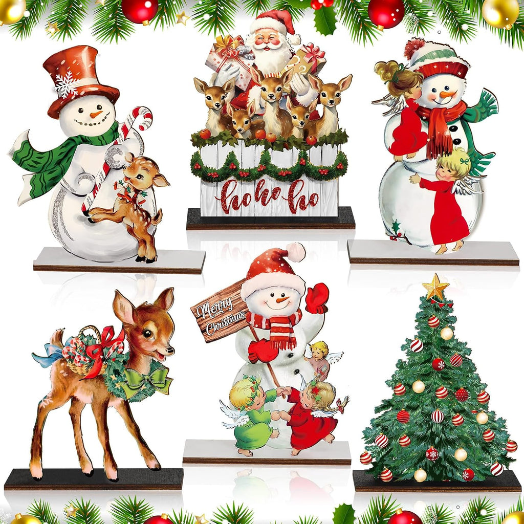 Wooden Christmas Table Centerpieces, Snowman and Reindeer, 6 Pack