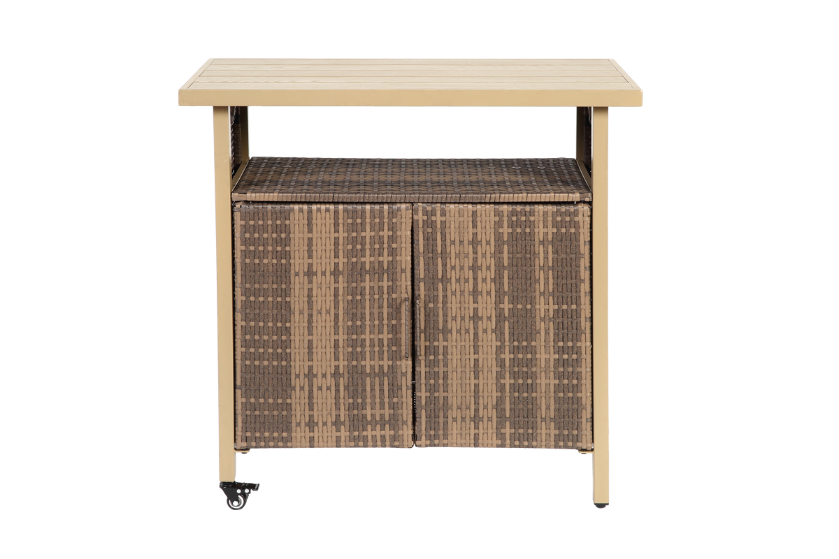 Outdoor Wicker Bar Cart with Wheels and Storage – Beige – image 1