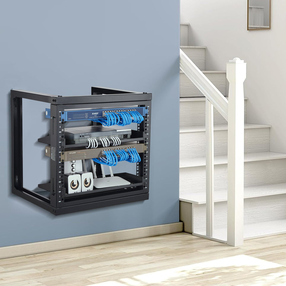 9U Wall Mount Open Frame Network Rack, 150 lb Capacity, 18 in Deep – image 1