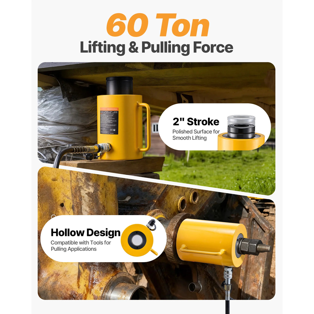 Hollow Plunger Hydraulic Cylinder 60 Ton, 2 in Stroke Ram Jack – image 2