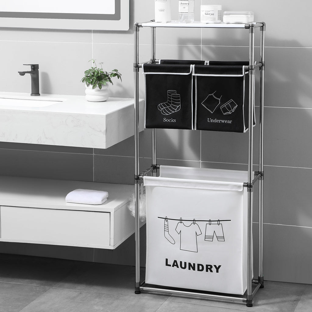Laundry Sorter Shelf, 3-Tier with Removable Bags and Side Hooks – image 5