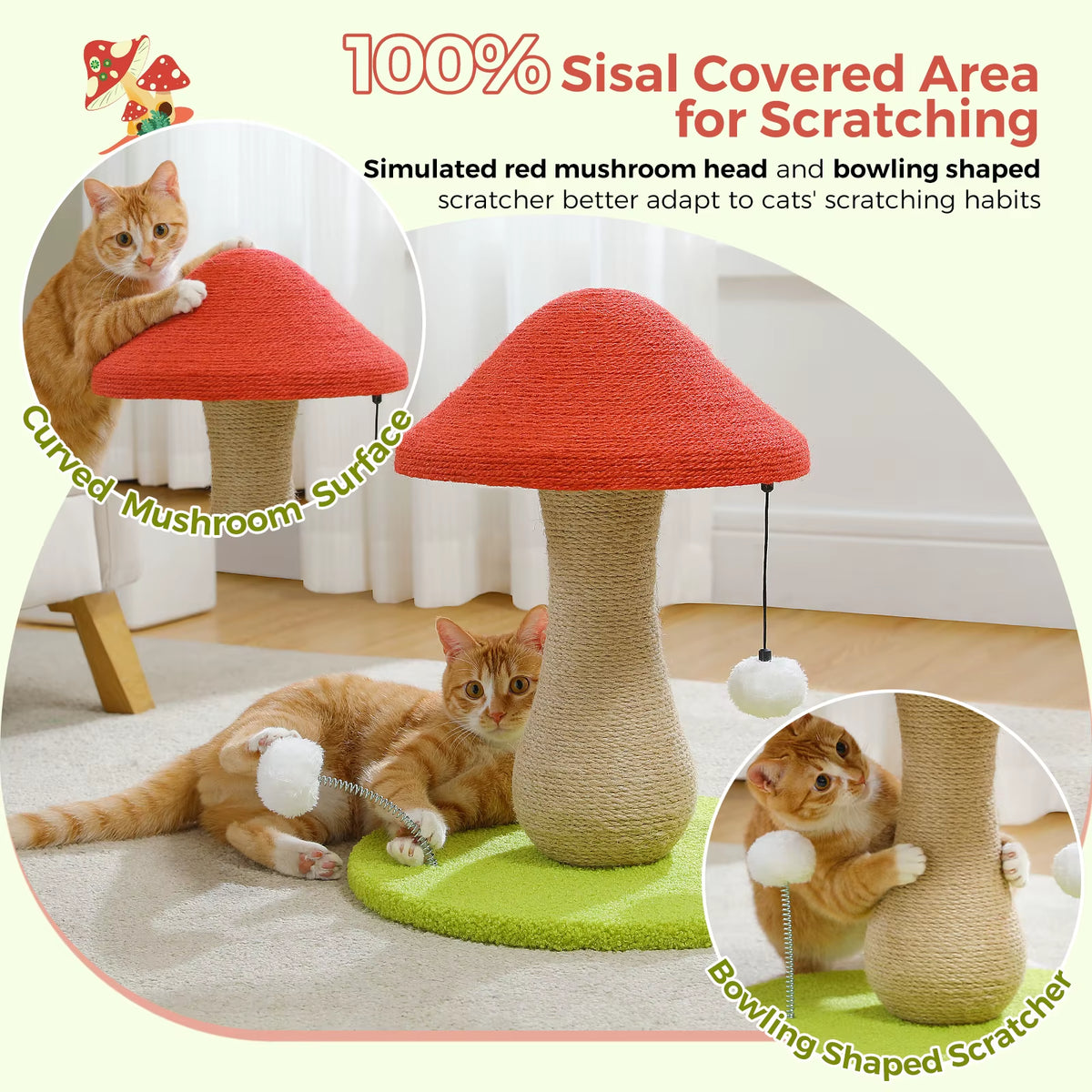 Mushroom Sisal Cat Scratching Post with Pompoms – image 5