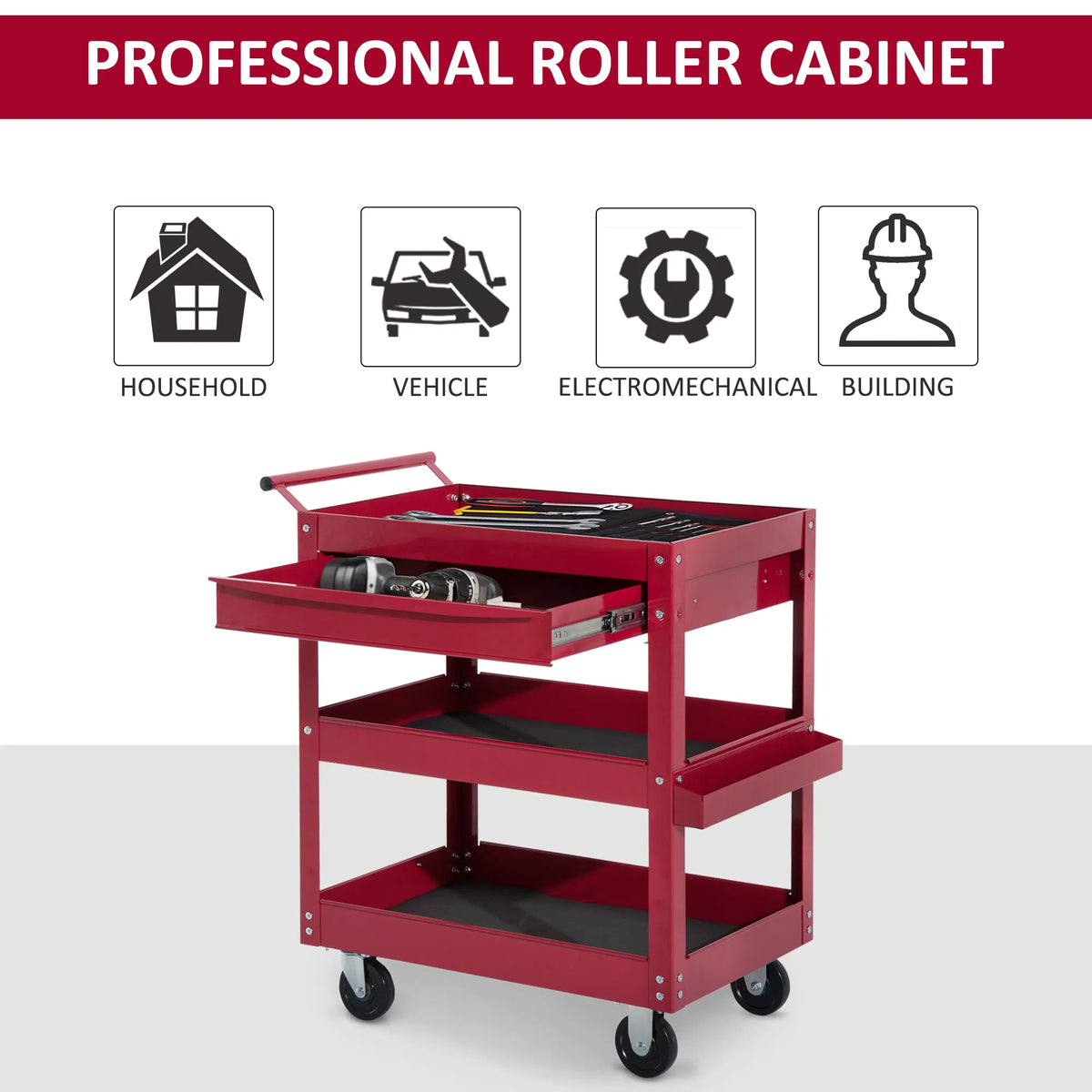 Tool Cart with 3 Tray 1 Drawer Storage Chest Garage Utility Red