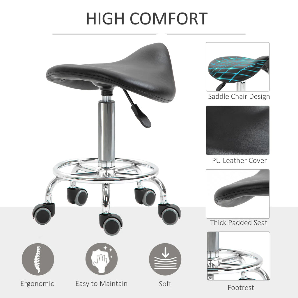Black Saddle Stool Rolling Salon Chair with Adjustable Height – image 5