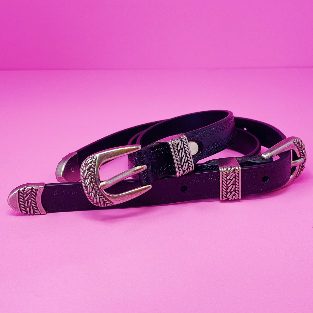 Double Buckle Leather Belt – Slim Women's Belt, Silver Tone – image 7