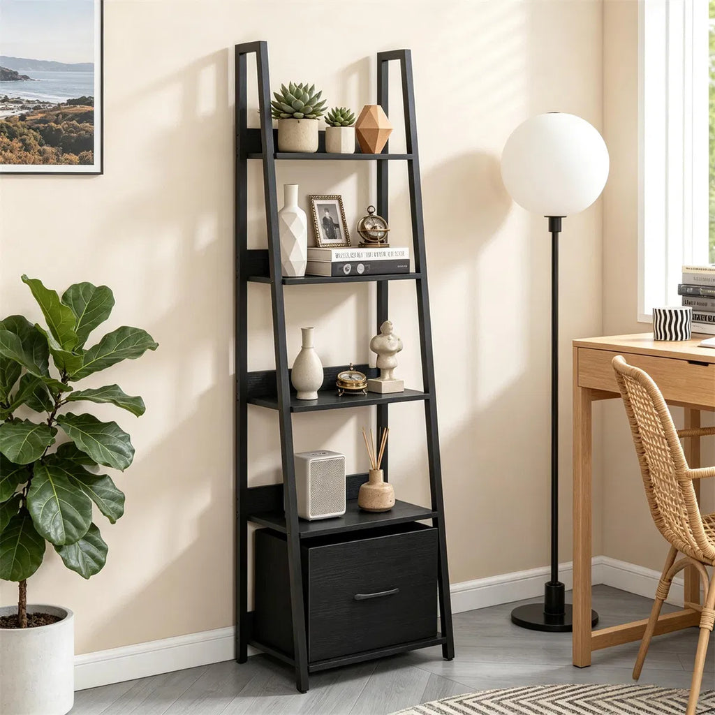 5-Tier Ladder Shelf with Fabric Drawer, Narrow Bookshelf, Black – image 7