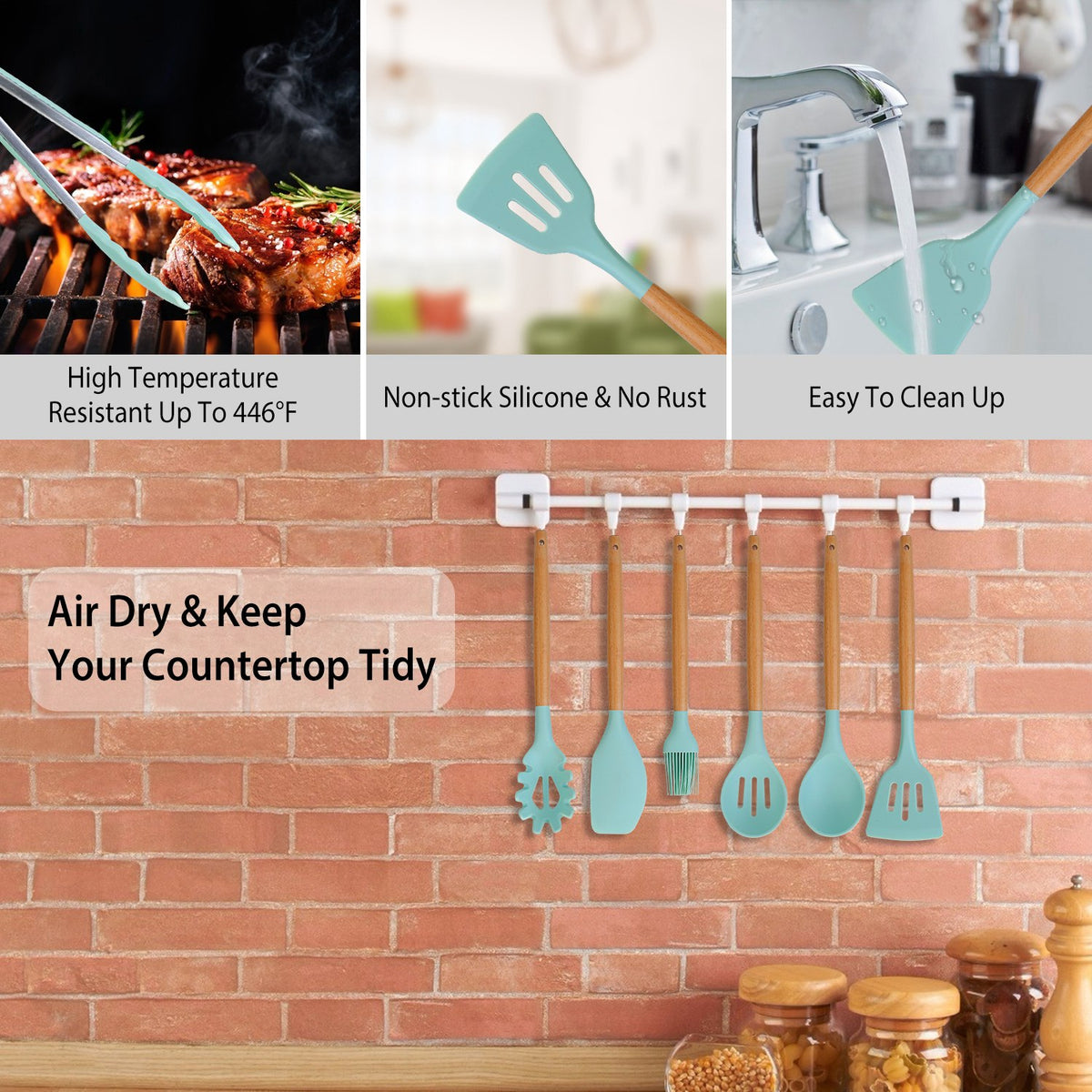 11-Piece Silicone Cooking Utensil Set with Wood Handles and Holder – image 10