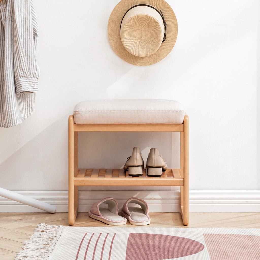 Solid Beech Wood Shoe Bench with Cushion, 2-Tier Entryway Seat – image 2