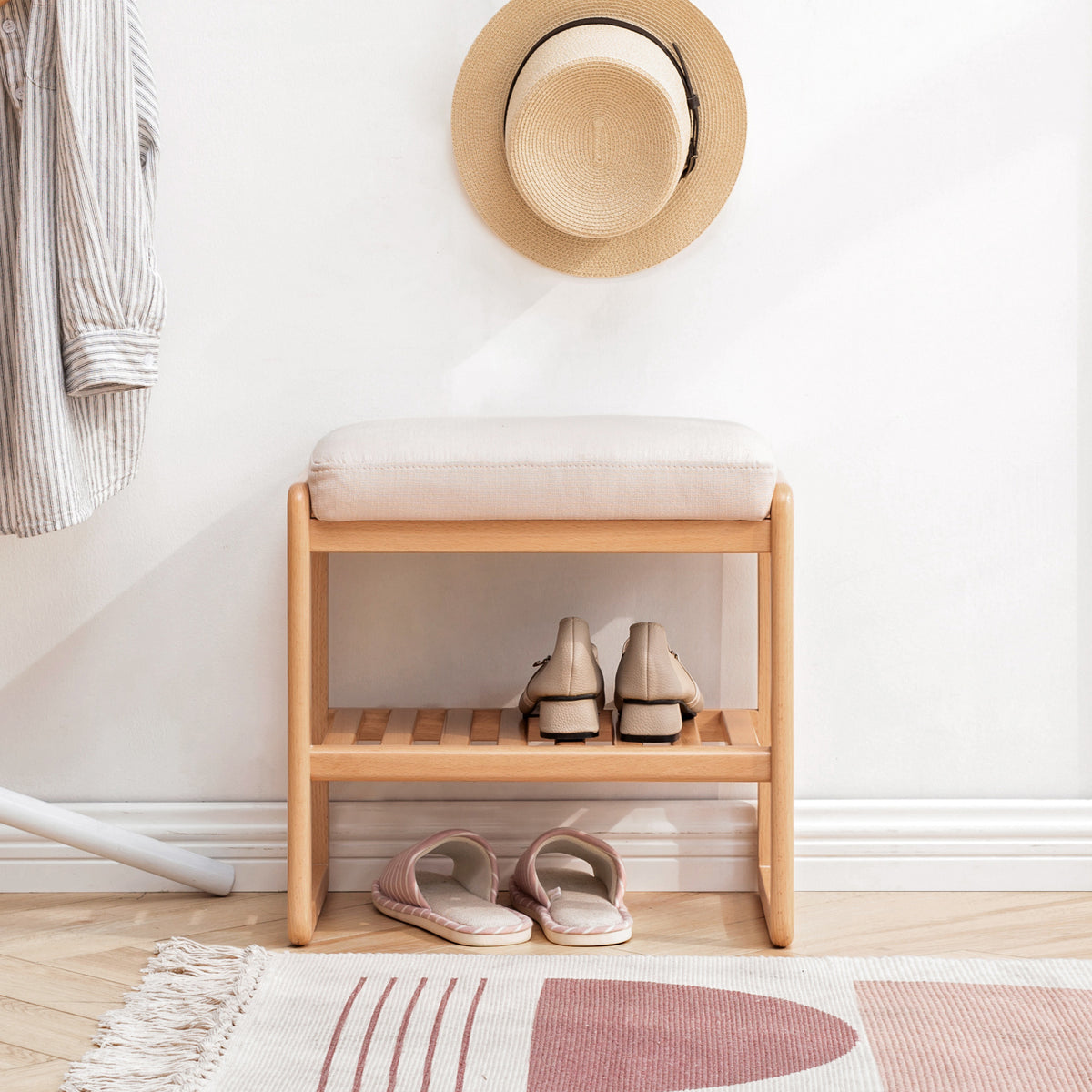 Solid Beech Wood Shoe Bench with Cushion, 2-Tier Entryway Seat – image 2