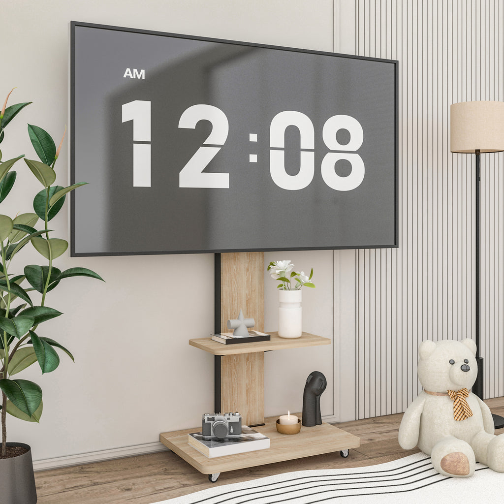 Wood TV Floor Stand with Shelf and Lockable Wheels for 32-75 Inch – image 2
