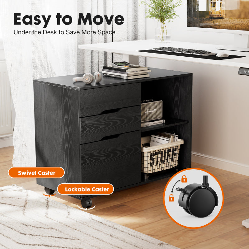 3-Drawer Rolling Lateral File Cabinet with Open Shelves and Printer Top