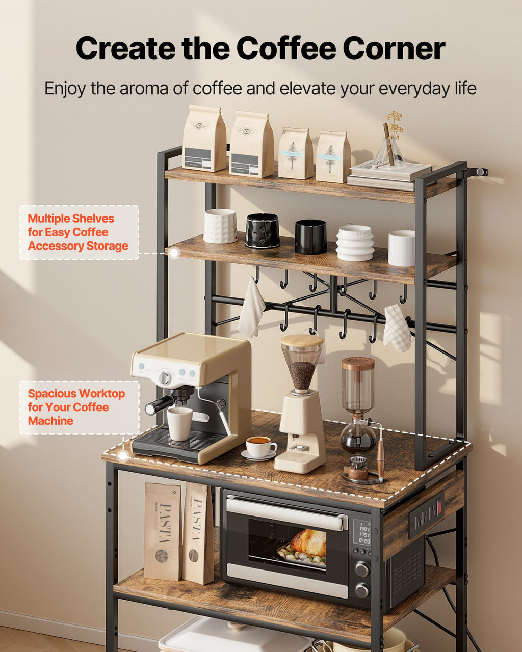 5 ft Kitchen Bakers Rack with Power Outlet and 12 Hooks – image 5