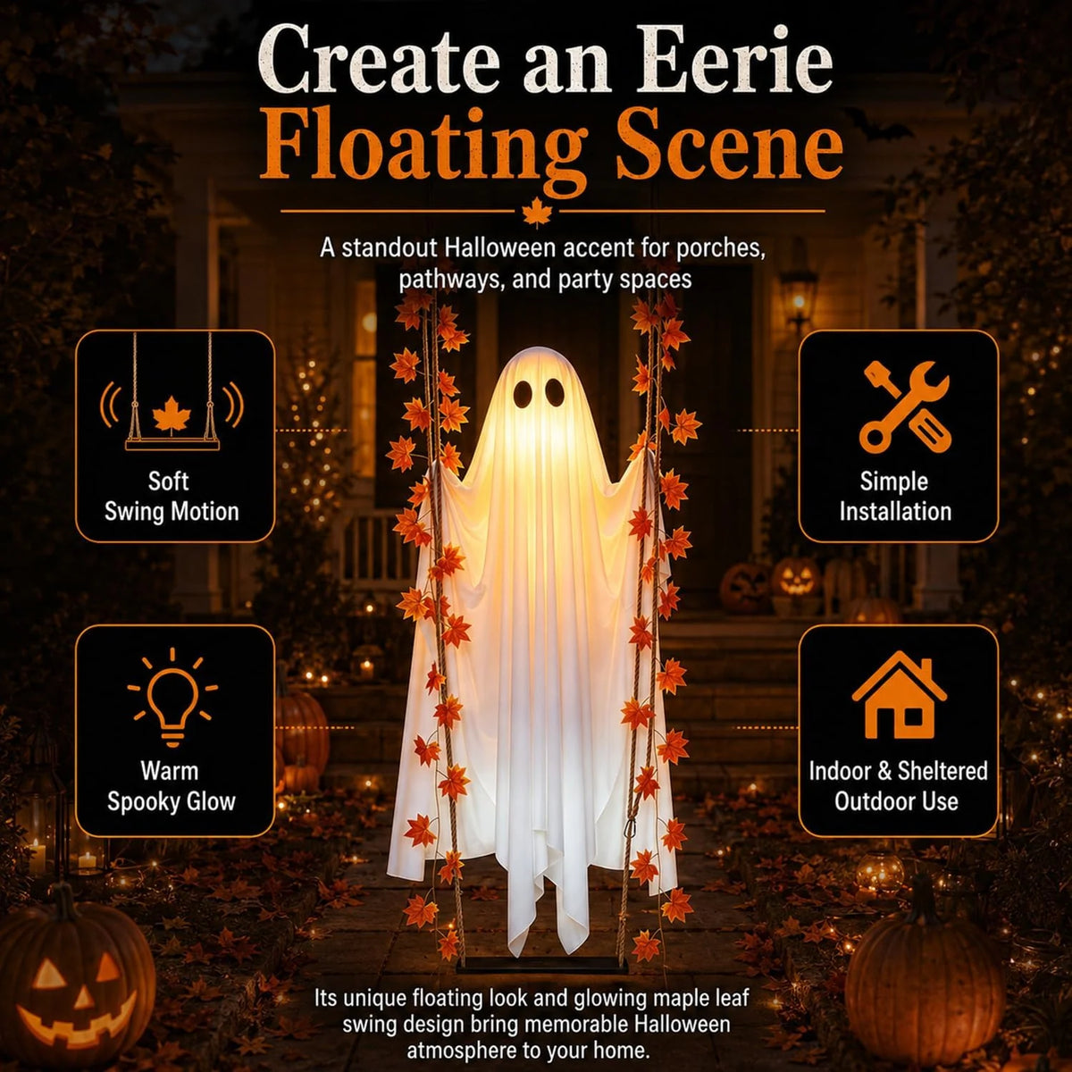 Swinging Ghost Halloween Decoration with 8 Light Modes and Timer – image 3