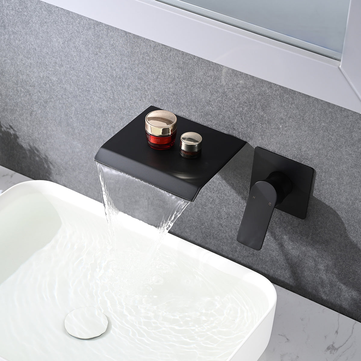 Wall Mount Waterfall Faucet with Rough-In Valve, Matte Black – image 2