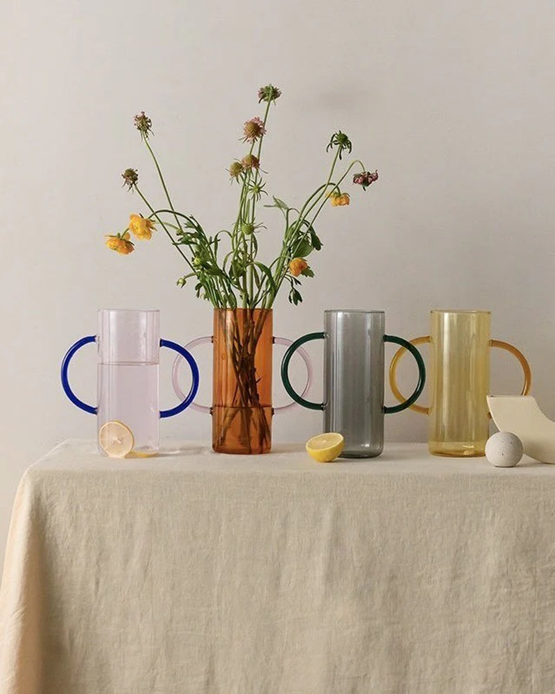 Dual Handle Colored Glass Flower Vase – image 2