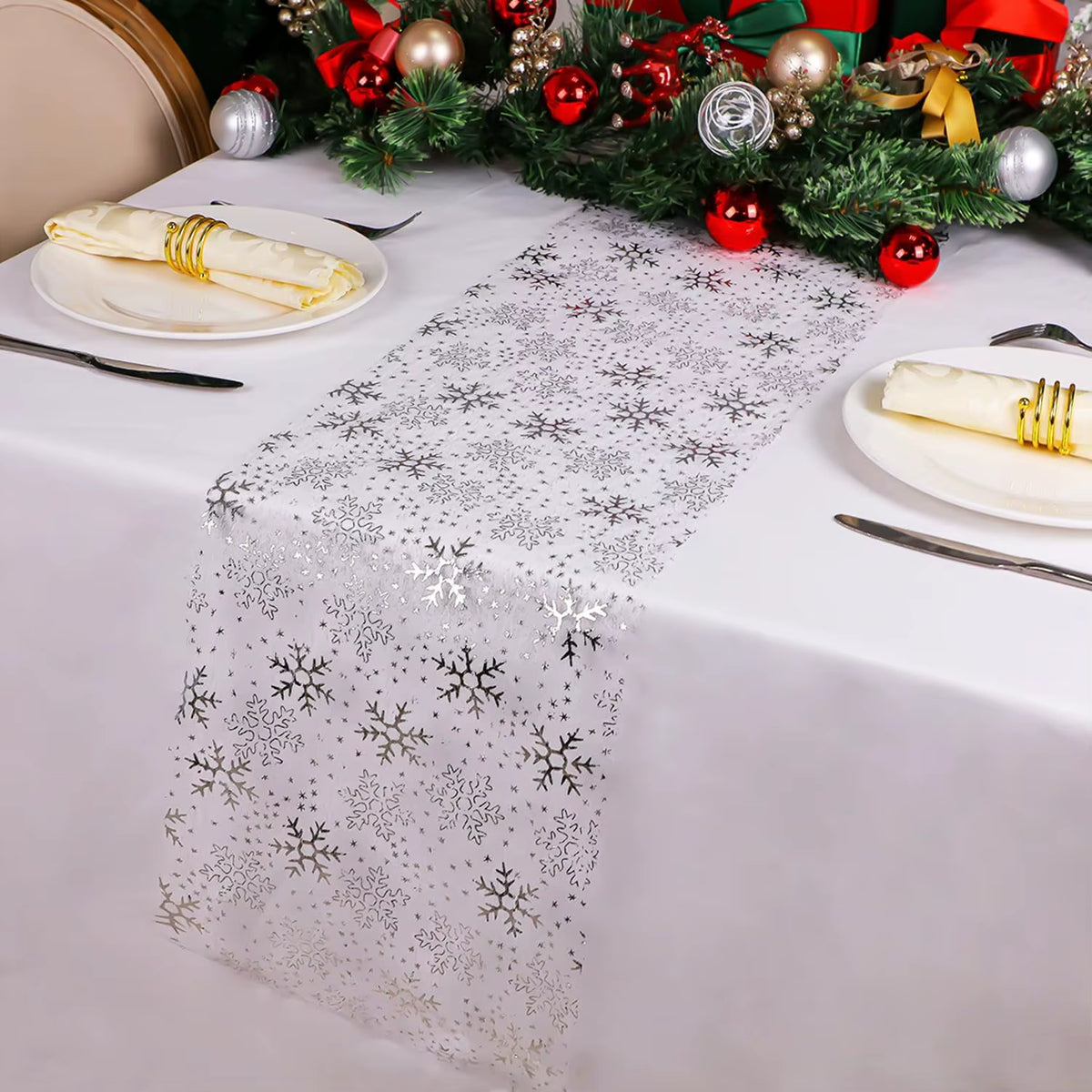 Organza Christmas Table Runner - Snowflake Print, 28 x 275 cm
