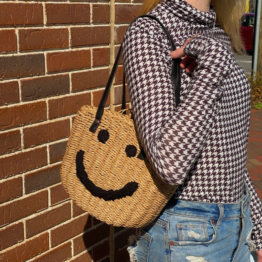 Smiley Face Woven Bucket Bag – Drawstring Shoulder Bag – image 4