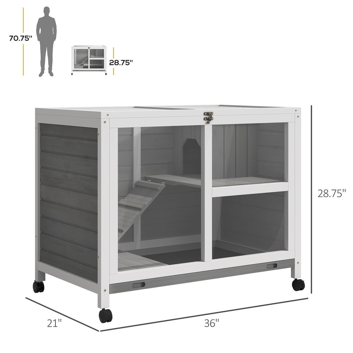 Indoor Rabbit Hutch on Wheels, Desk-Size Wooden Bunny Cage, Gray – image 2