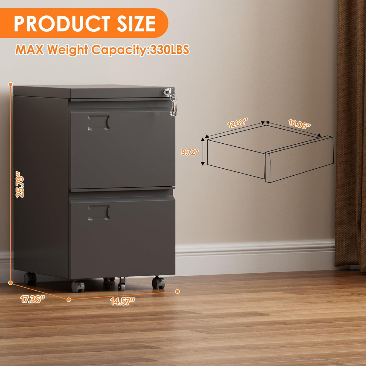 File Cabinet 2-Drawer Mobile, Rolling Home Office Storage – image 3